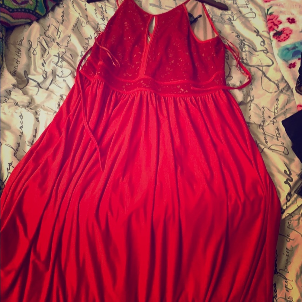 Long red lace prom dress